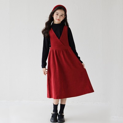 女童红色新年背心裙长袖套装秋冬