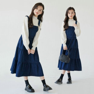 韩版中大童牛仔背带裙女童春秋款吊带连衣裙小女孩蛋糕中长裙子潮