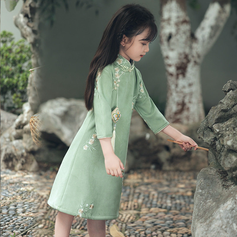 女童春秋长袖中国风连衣裙小女孩演出服儿童新中式民国风旗袍裙子
