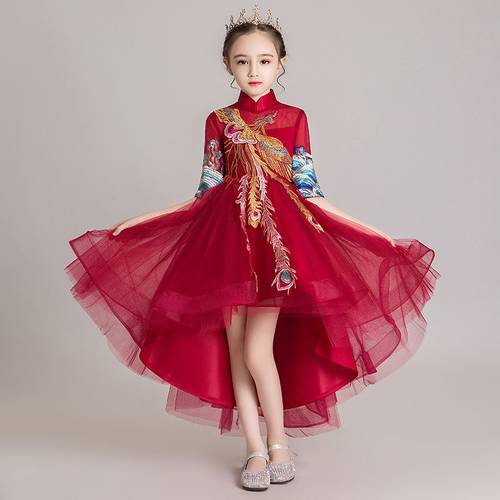 女童晚礼服中国风前短后长旗袍裙