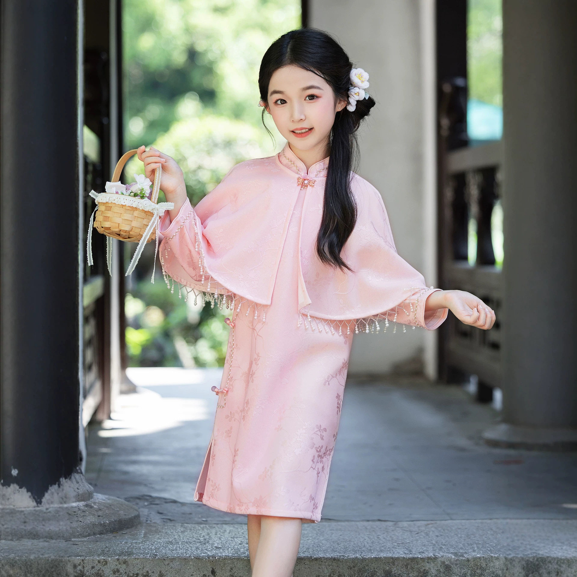 春秋女童新中式粉色旗袍连衣裙