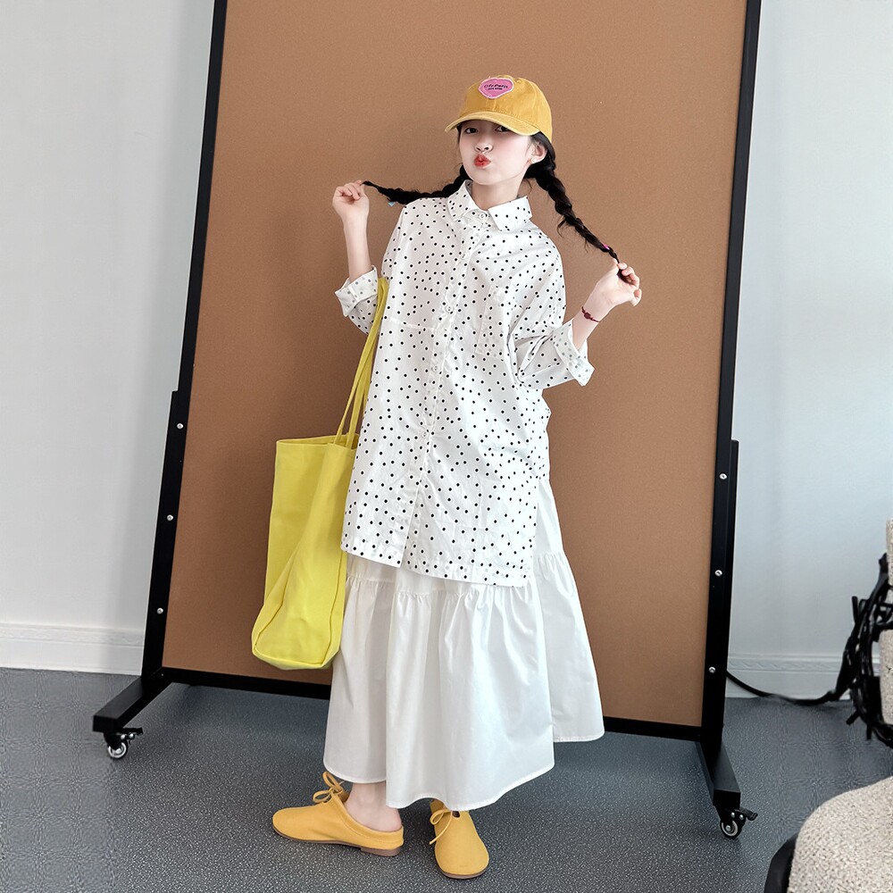 韩版女童长袖中长款波点白衬衫裙