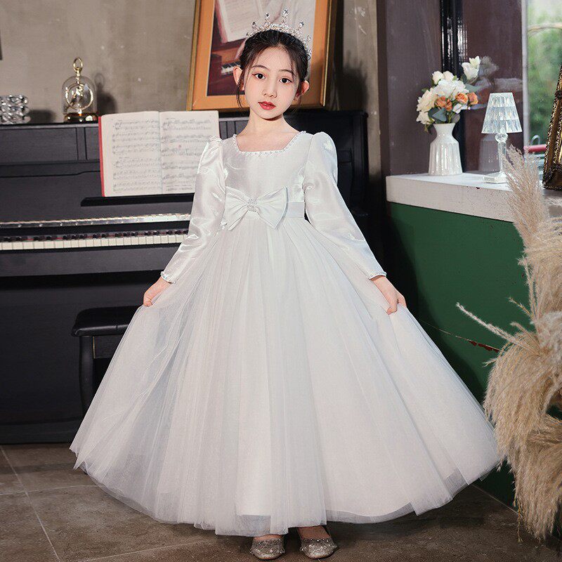 女童白色缎面礼服儿童高端公主长裙小女孩蓬蓬婚纱连衣裙子演出服