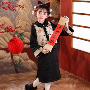 亲子装母女装新中式马甲旗袍裙冬季女童民国风唐装连衣裙演出礼服