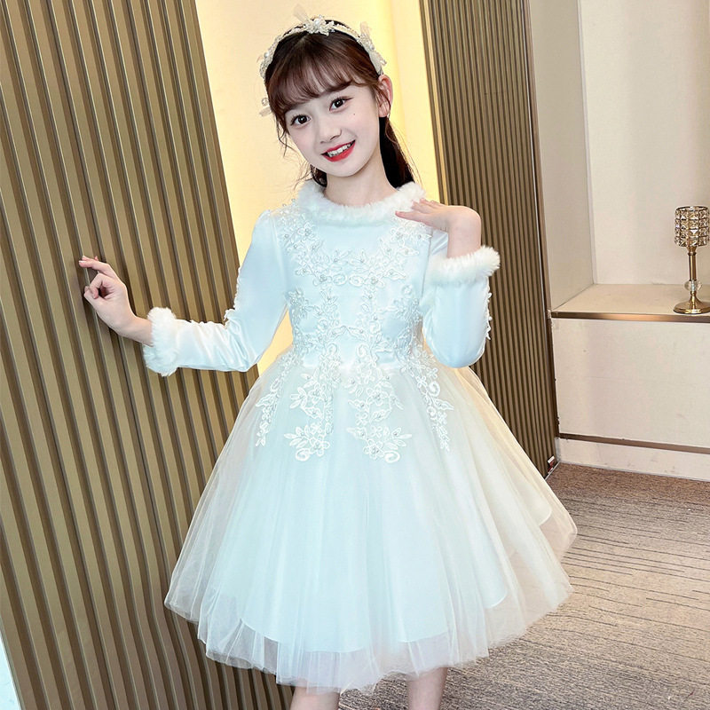 女童白色加绒公主蓬蓬婚纱礼服