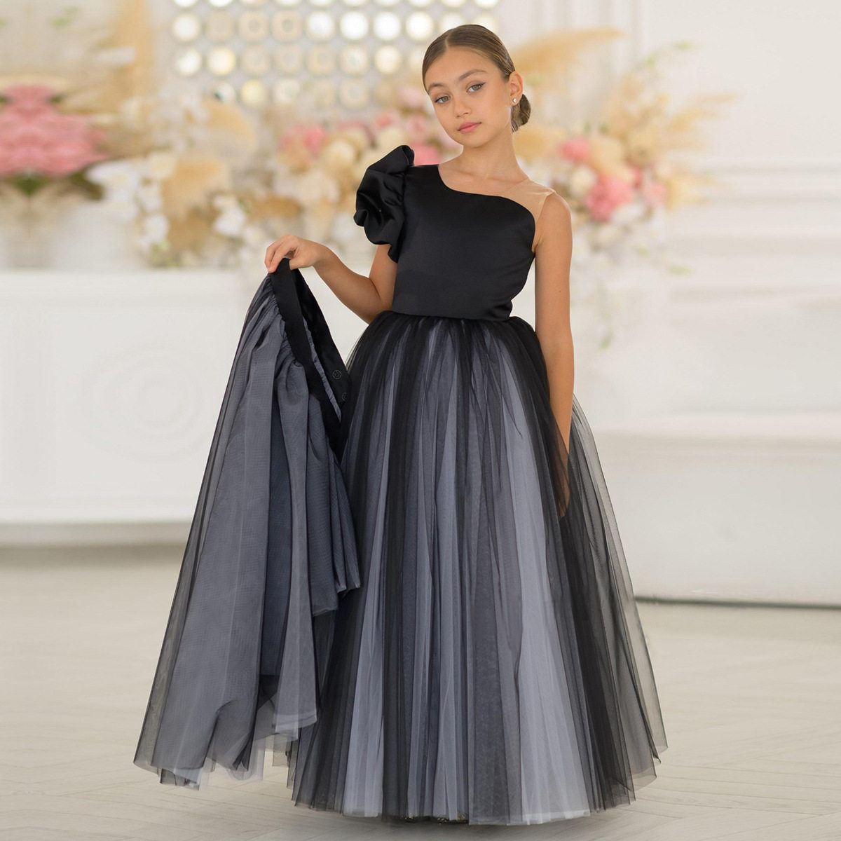 儿童黑色蓬蓬纱裙轻奢礼服连衣裙女童长裙蛋糕公主裙中大童演出服