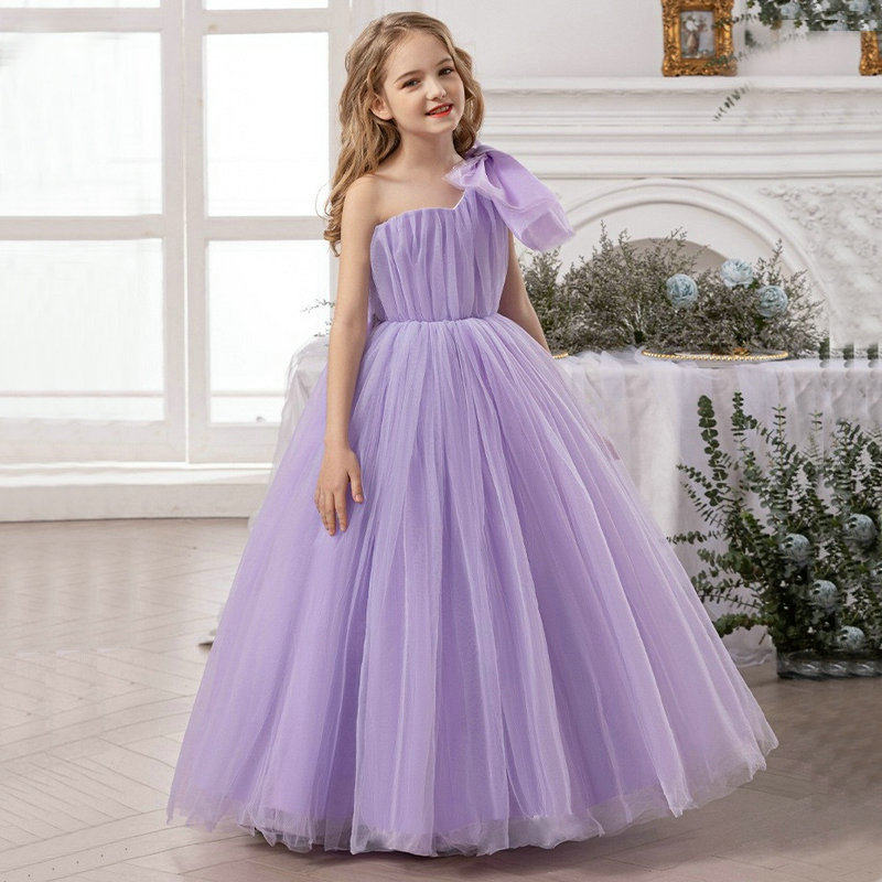 女童紫色婚纱裙子花童礼服连衣裙夏季儿童表演出服长裙斜肩公主裙