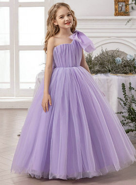 女童紫色婚纱裙子花童礼服连衣裙夏季儿童表演出服长裙斜肩公主裙