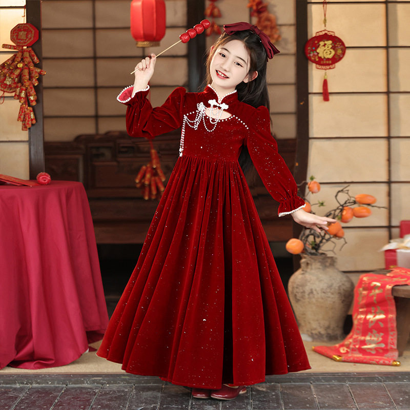 花童婚礼小女孩红色丝绒礼服女童国风公主长裙儿童中式演出服秋冬