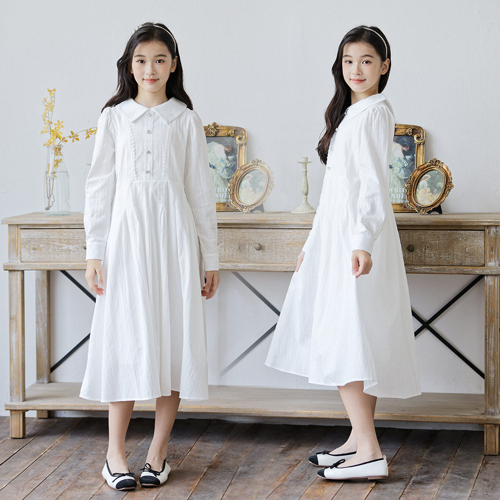 韩版儿童装女童白色衬衫裙中大童长袖翻领衬衣气质长款连衣裙春秋