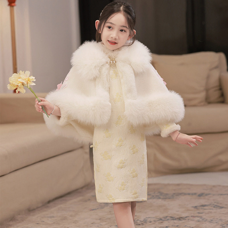 儿童白色斗篷女童旗袍汉服披风冬装中国风古风披肩加绒宝宝拜年服