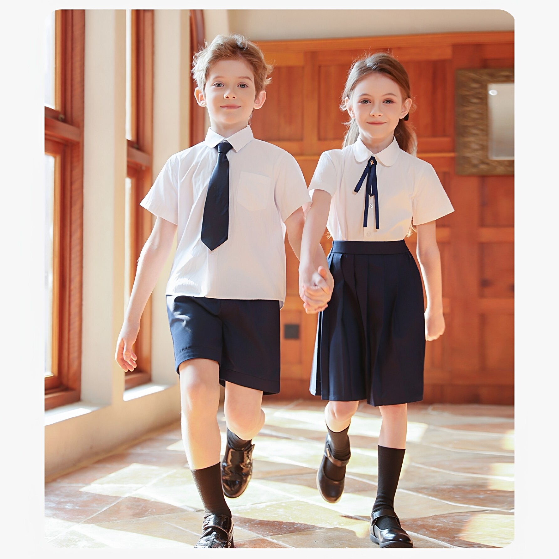 夏季儿童白色短袖衬衫女童学院百褶半身裙套装中大童学生表演出服