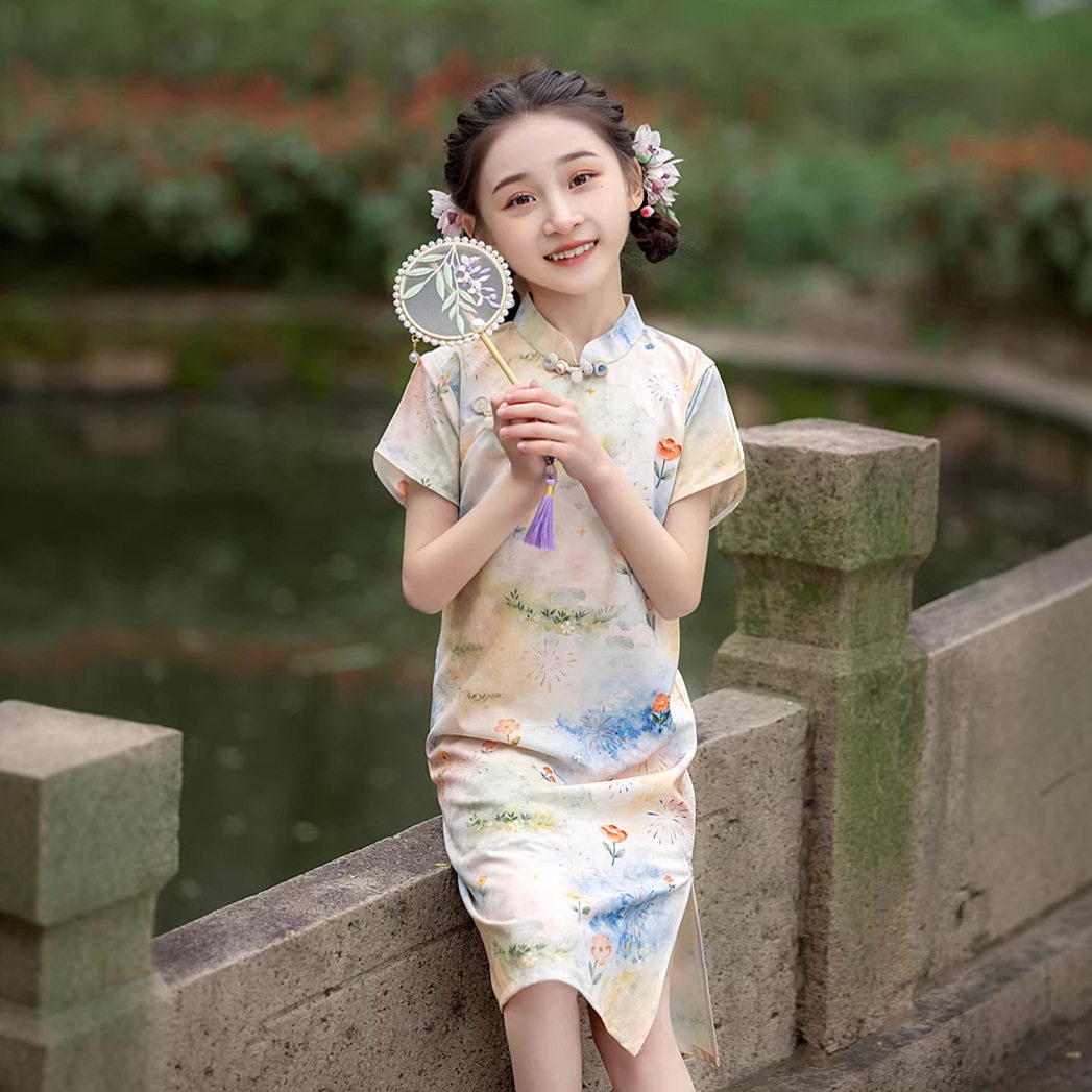 女童夏季新中式水墨短袖旗袍裙子