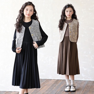 中大童装女童长袖打底连衣裙中长款儿童百褶长裙子马甲套装春秋冬