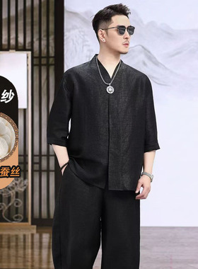 香云纱男士短袖t恤夏真丝桑蚕丝高端宽松休闲龟裂纹中式衬衫冰丝