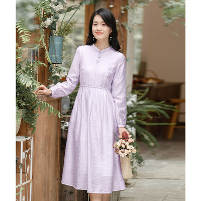 紫色立领温柔风蕾丝拼接连衣裙