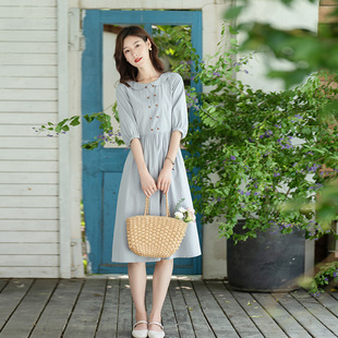 纻衣蓝色温柔风原创连衣裙女2026早春新品 收腰显瘦淑女文艺中长裙