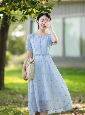 纻衣蓝色V领文艺淑女连衣裙女2026年夏季新款收腰显瘦气质长裙子