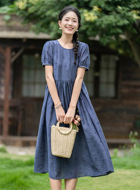纻衣藏蓝色短袖连衣裙女2025夏装新品原创设计高级质感通勤中长裙