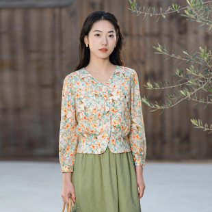 上衣 纻衣复古温婉棉麻长袖 衬衫 女2025春新款 文艺V领衬衣百搭时尚