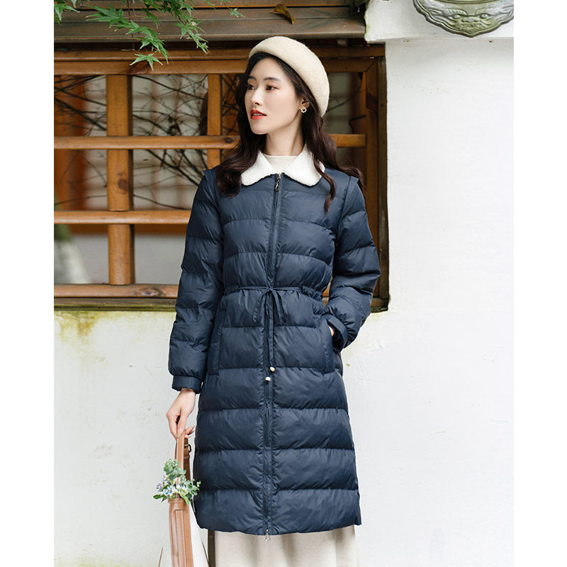 纻衣蓝色原创设计加厚羽绒棉服2026冬装新款收腰显瘦棉袄中长外套