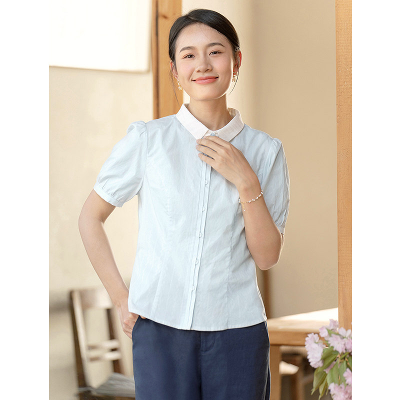 纻衣蓝色棉麻文艺小方领短袖衬衫女2026夏季新款衬衣修身百搭上衣