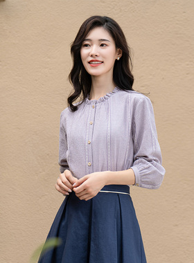 纻衣紫色文艺格纹衬衫女2026春秋长袖设计感小众秋季休闲气质上衣