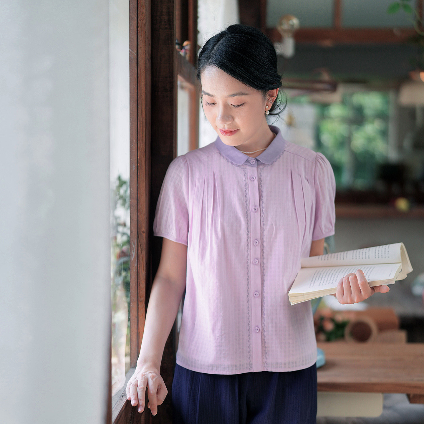 纻衣文艺风提花棉撞色短袖衬衫女2026夏新款通勤休闲显瘦刺绣衬衣