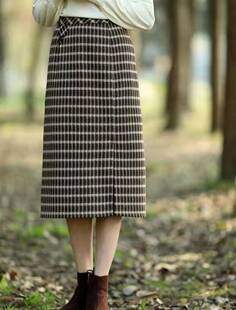 纻衣棕色格子半身裙女2026春新款 文艺中长开衩包臀裙气质一步裙子