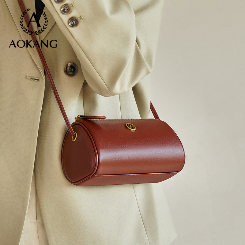 奥康笔筒包包真皮小众斜挎包