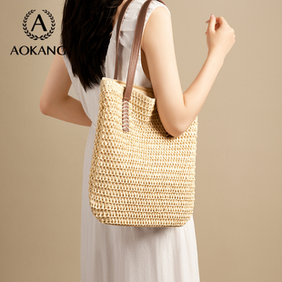 奥康草编包2025新款 女包编织海边度假沙滩包单肩手提大容量托特包