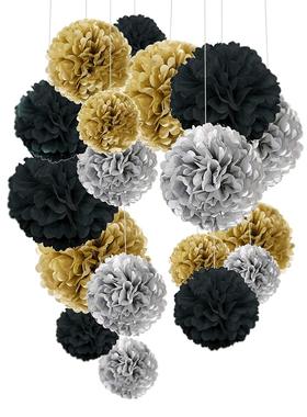 18PC纸花球黑色金色银色纸绒球生日派对毕业典礼挂饰装饰用品婚庆