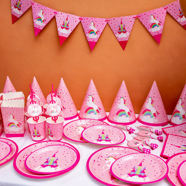 儿童生日派对独角兽一次性餐具套装聚会甜品台装扮粉色云朵小马
