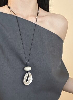 s925银不规则哑光缕空椭圆抽拉式长款项链女欧美小众独特时尚锁骨