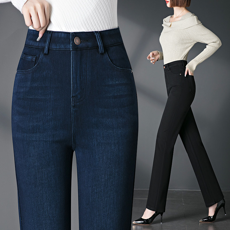 女士小直筒牛仔裤春秋新款深蓝色高腰深裆弹力中年妈妈修身长裤子