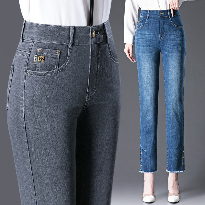 高腰小直筒九分牛仔裤女春秋新款中年妈妈毛边宽松显瘦裤子小个子