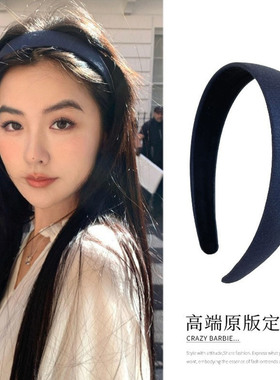 韩国新款藏蓝色缎面宽边发箍女高级感洋气时尚头箍发饰头饰发卡女