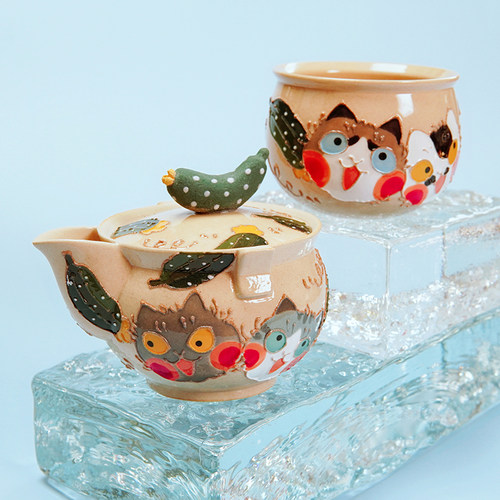 黄瓜猫陶瓷茶具套装手绘宝瓶创意手抓壶茶壶一人用茶杯主人杯礼盒