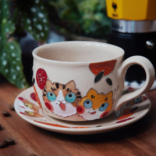 茶杯子可爱礼物定制 喜乐猫咖啡杯马克杯手工手绘原创小众陶瓷套装