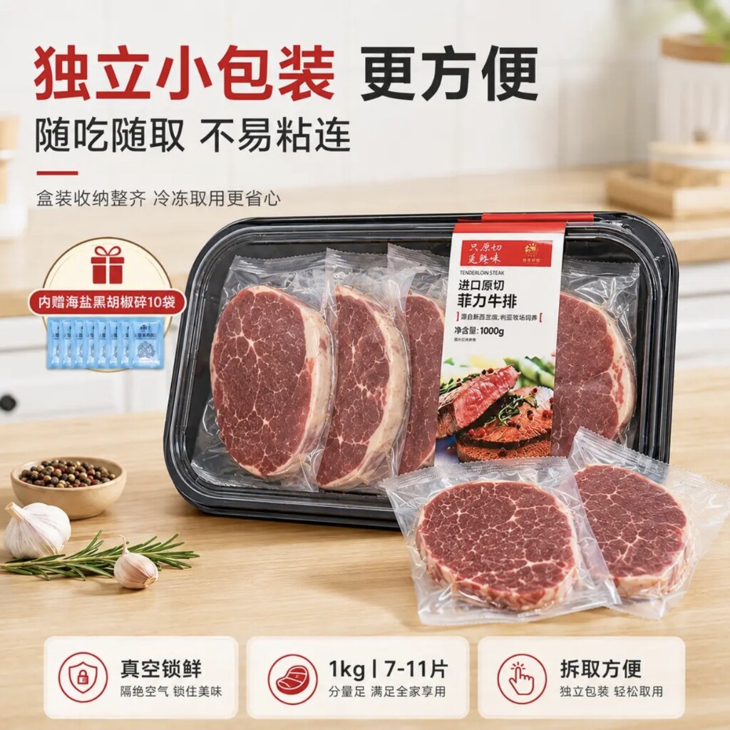 春禾秋牧S级菲力原切小牛排1kg7-10片儿童牛扒赠腌料包冷链锁
