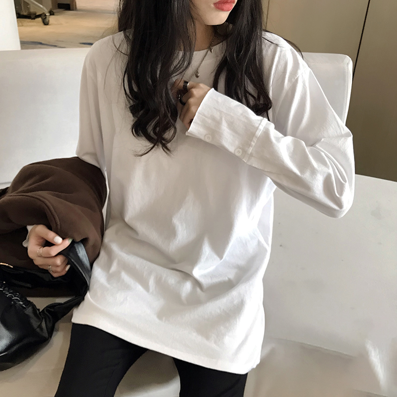 中长款宽松纯棉白色长袖遮屁股t恤打底衫女2023秋冬叠穿显瘦上衣