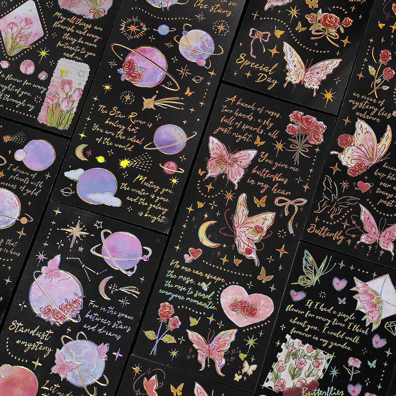 星河玫瑰之诗pet立体烫金贴纸 复古蝴蝶花卉手帐diy装饰素材贴画