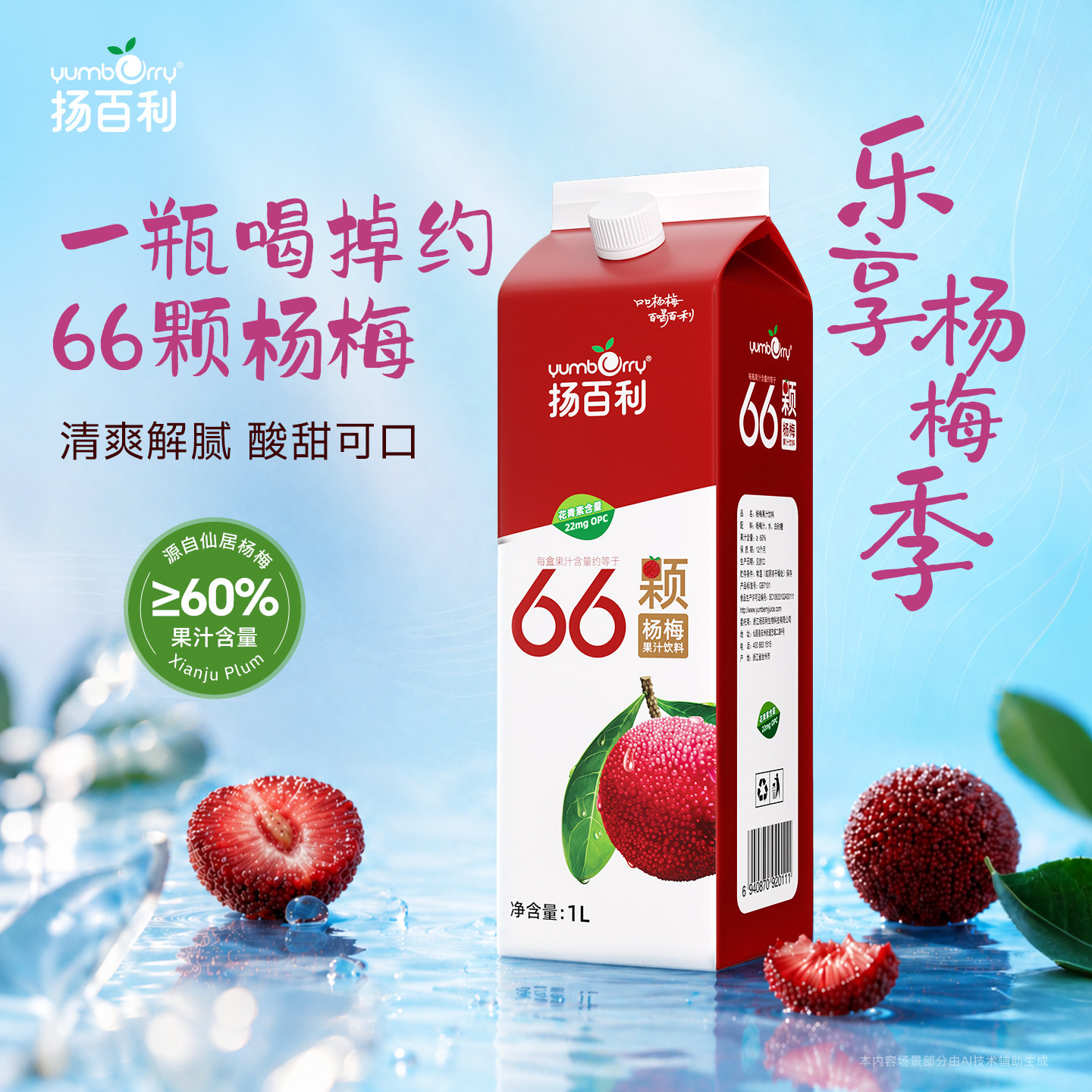 扬百利仙居杨梅汁盒装大瓶饮料饮品1L*2瓶果汁解腻解辣酸梅汤