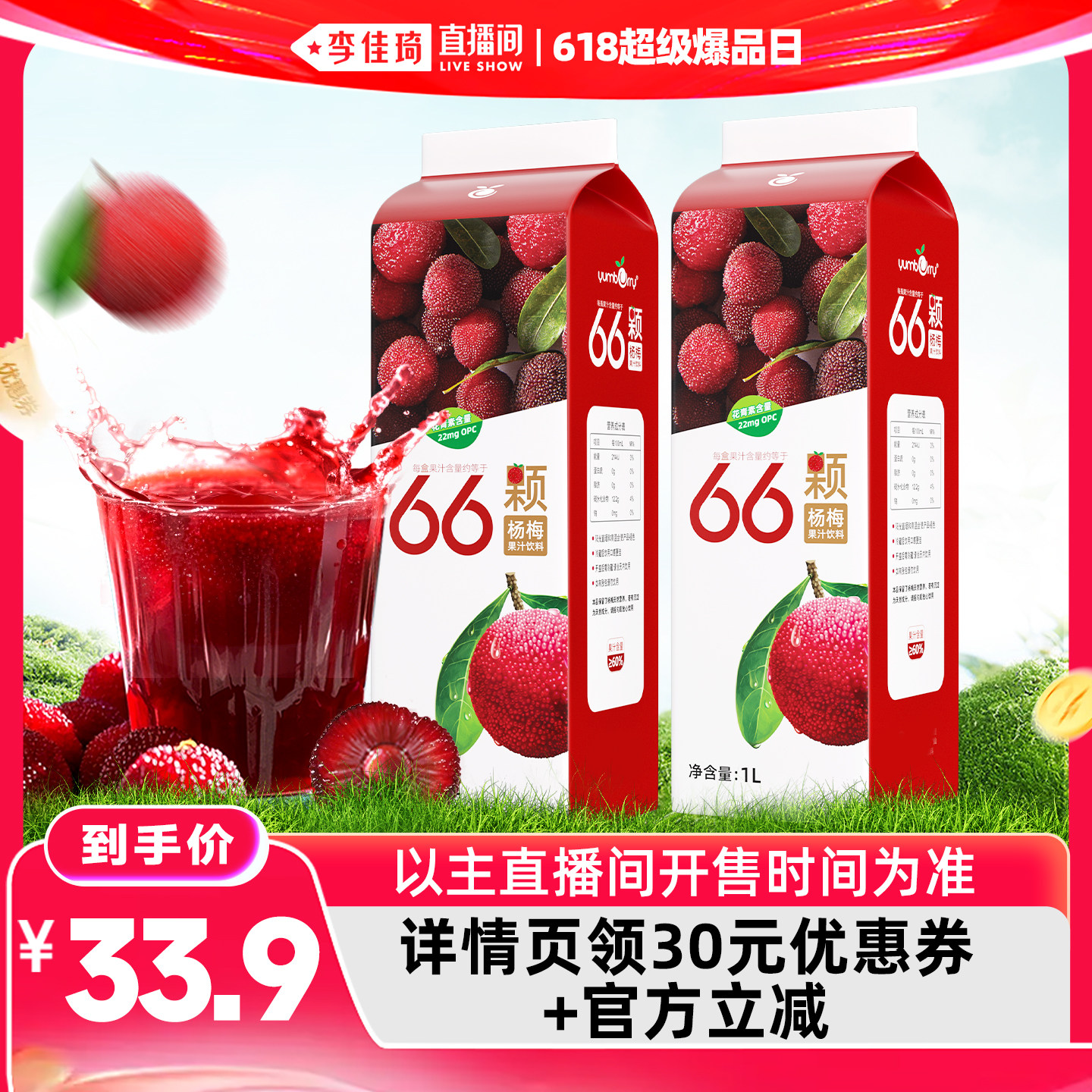 【李佳琦直播间618超级爆品日】扬百利仙居杨梅汁大瓶饮料1L*2瓶