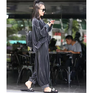 欧洲站秋季时尚宽松套装金丝绒蝙蝠衫上衣大码阔腿裤女装两件套潮