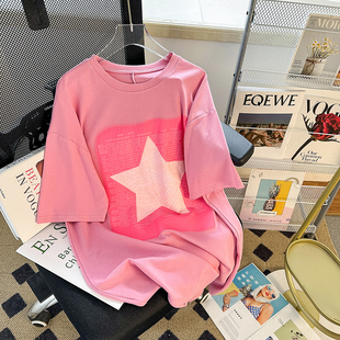 女装 卡通粉色纯棉短袖 t恤女夏季 上衣 大码 2024新款 宽松减龄中长款