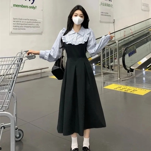 胖MM秋冬款减龄学院风条纹衬衫假两件大妈显瘦遮肚子高级感连衣裙