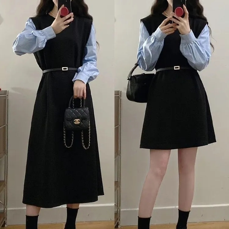 2025大码mm新款长袖两件拼接裙子宽松连衣裙收腰显瘦假两件裙子女