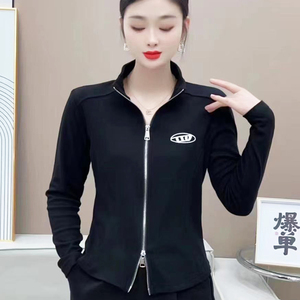 秋装立领双向拉链短外套女长袖2023女装新款刺绣开衫短款打底衫潮