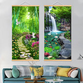 竹林小道玄关装 饰画大自然风景流水瀑布树林客厅卧室入户挂轴画